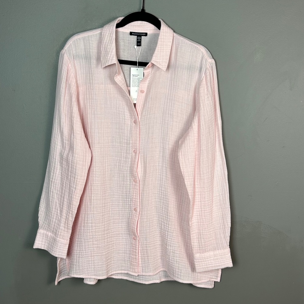 Eileen Fisher Organic Cotton shirt medium Pink Lofty Gauze Classic Collar S5GBA